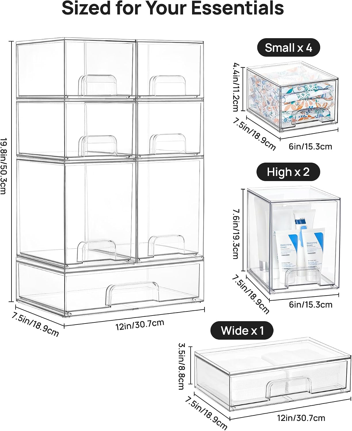 Vtopmart Clear Stackable Storage Drawers Set of 7, Plastic Organizer Bins