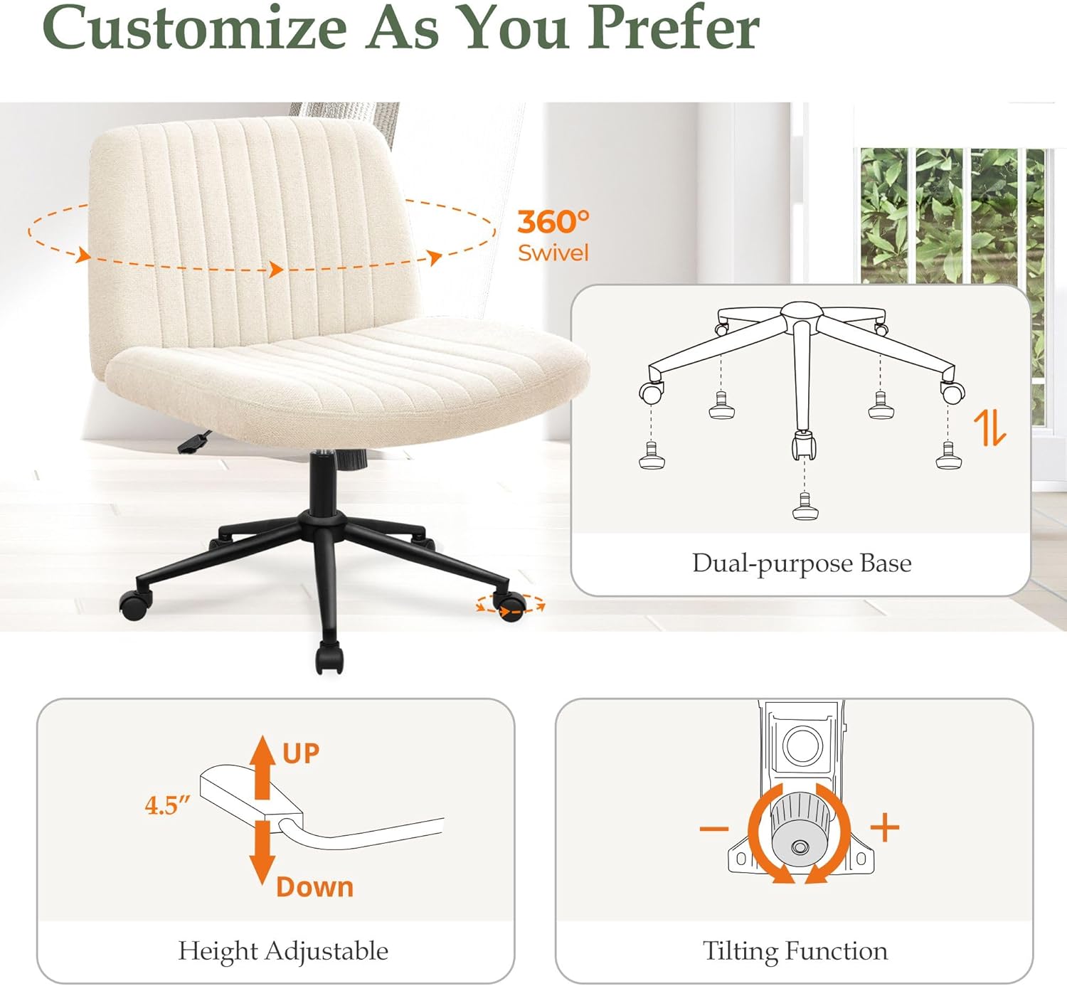 Orange Factory Criss Cross Chair, Wide Wheel Vanity Seat, Beige Dual Base