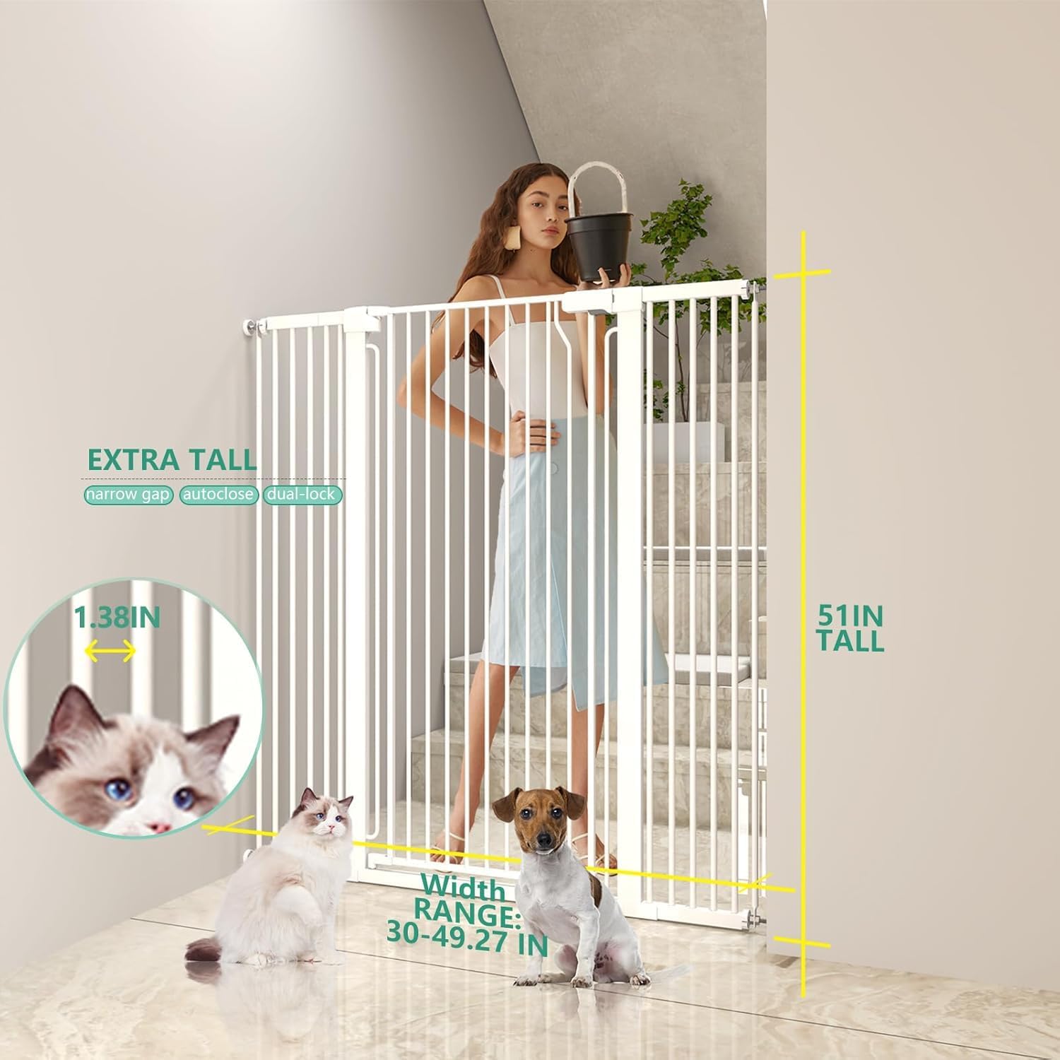 51" Extra Tall Cat Gate 30"-49.27" Wide, Auto Close, Pressure Mounted, for Cats & Small Dogs, Hallway, Stairs, Kitchen, Not Baby Gate,White