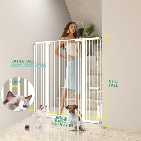 51" Extra Tall Cat Gate 30"-49.27" Wide, Auto Close, Pressure Mounted, for Cats & Small Dogs, Hallway, Stairs, Kitchen, Not Baby Gate,White