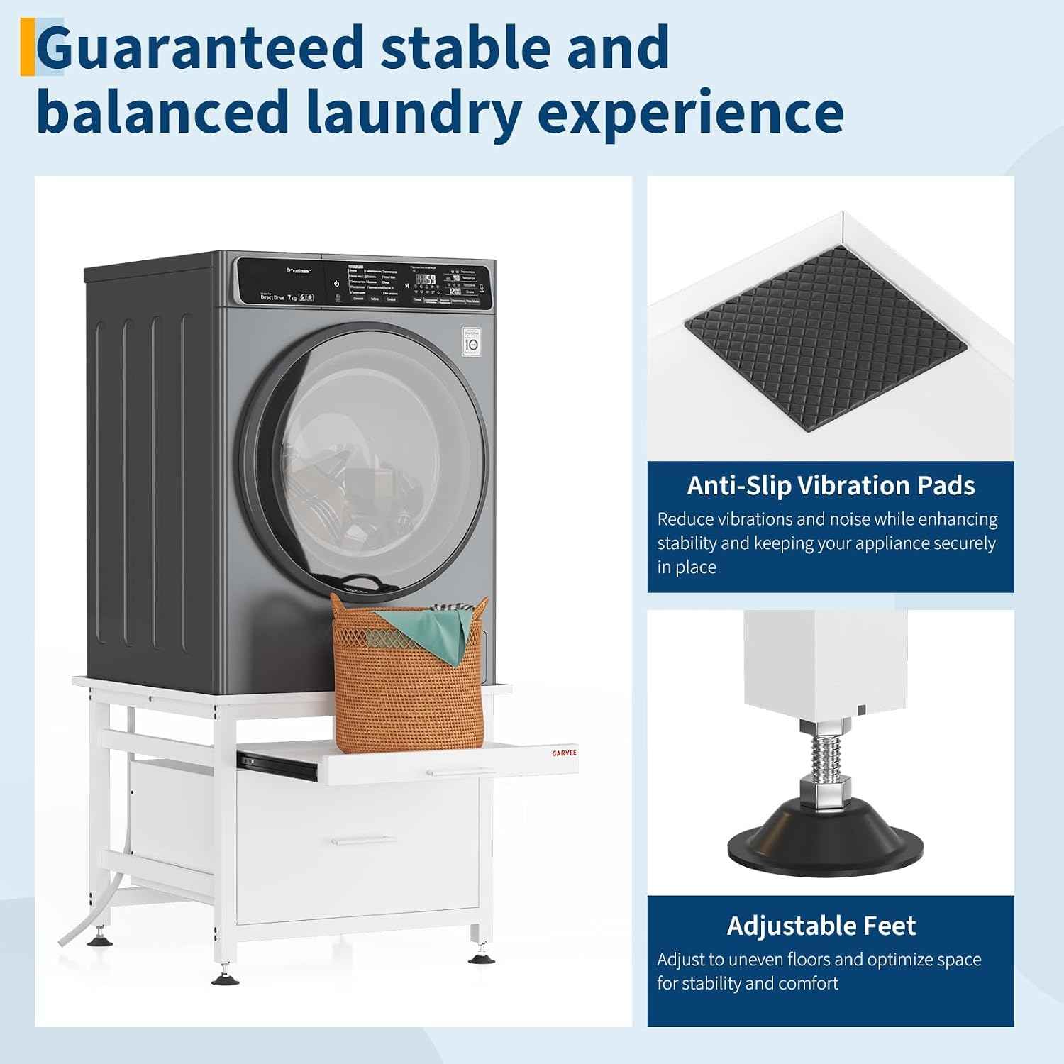 Garvee 29" Heavy Duty Metal Washer and Dryer Pedestals with Pullout-Shelf and Drawer, Universal Fit Anti-Vibration Washer Dryer Base with Adjustable Feet, Up to 850 LBS Capacity, 29"x29''x23'', White