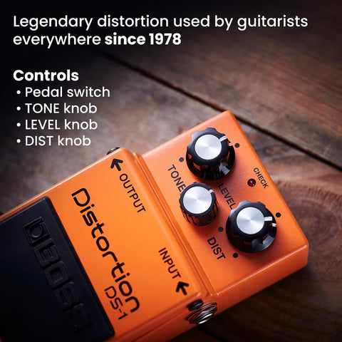 Boss DS-1 Distortion Bundle with Gearlux Power Supply, Instrument Cable, Patch Cable, Picks, and Austin Bazaar Polishing Cloth
