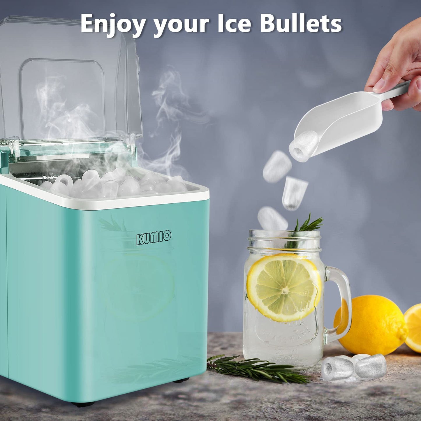 KUMIO Ice Makers Countertop, 9 Bullet Ice Ready in 6-8 Mins, 26.5 lbs/24 hrs, Self-Cleaning Ice Maker, Portable Ice Machine with Ice Scoop & Basket, Blue