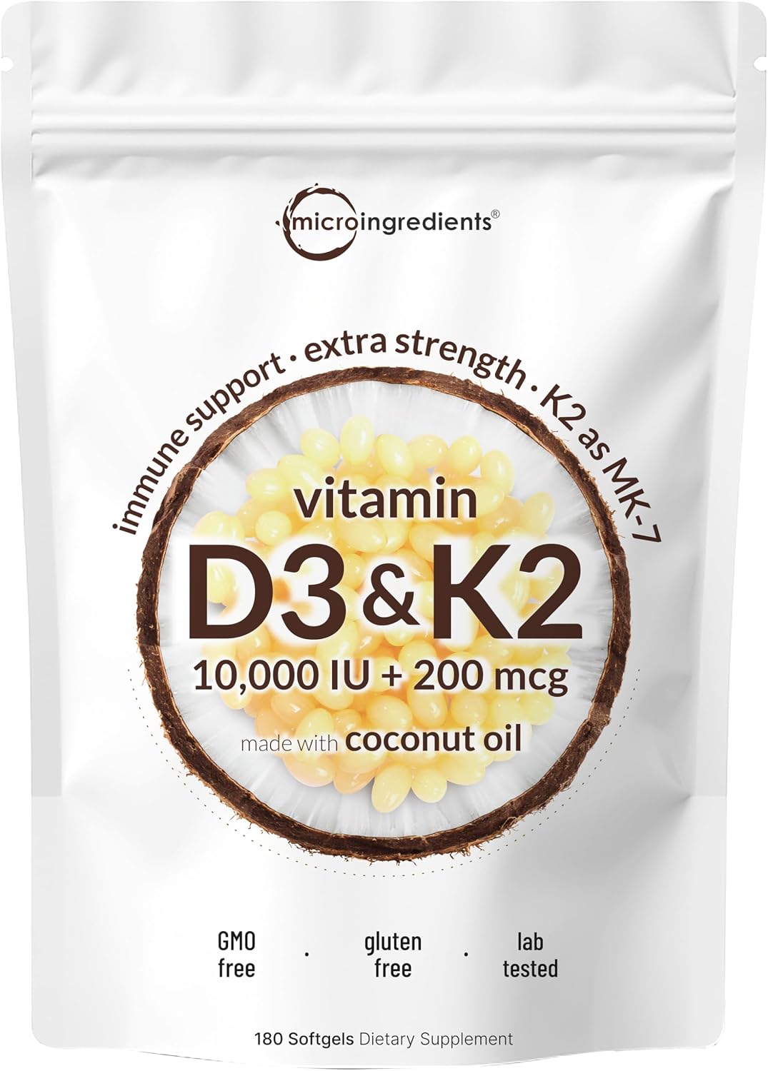 Micro Ingredients Vitamin D3 K2 MK-7 10,000 IU Per Serving, 180 Softgels