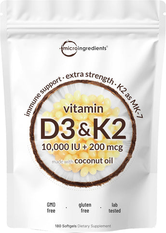 Micro Ingredients Vitamin D3 K2 MK-7 10,000 IU Per Serving, 180 Softgels