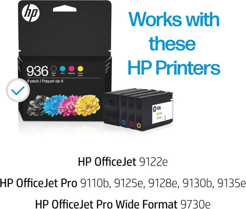 HP 936 Black, Cyan, Magenta, Yellow Ink Cartridges (4-Pack) | Works with OfficeJet 9120, Pro 9110, 9120, 9130, Wide Format 9730 | Eligible for Instant Ink | 6C3Z5LN