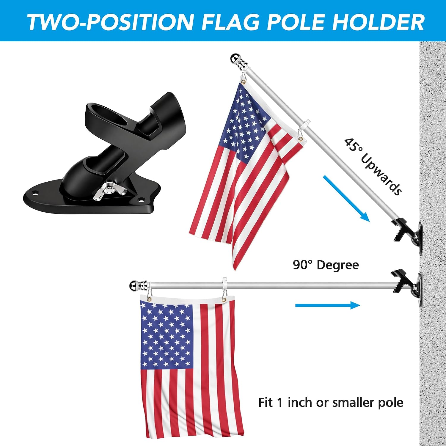 HOOPLE Flag Pole Holder for Outside House, Heavy Duty Aluminum Flag Holder & Flag Pole Mounting Bracket, Rust Free Wall Mount Flag Bracket with Stainless Hardware, Fits 1” Flag Pole (Black-1Pack)
