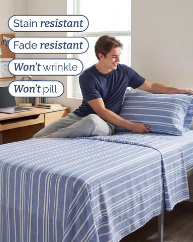 Twin XL 3 Piece Sheet Set - College Dorm Room Essentials - Blue Stripes