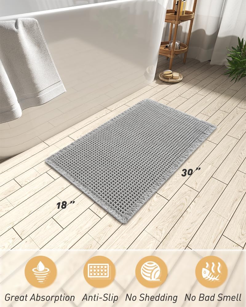 AMOAMI Upgraded Non Slip Absorbent Waffle Bath Mat 18" x 30", Light Grey