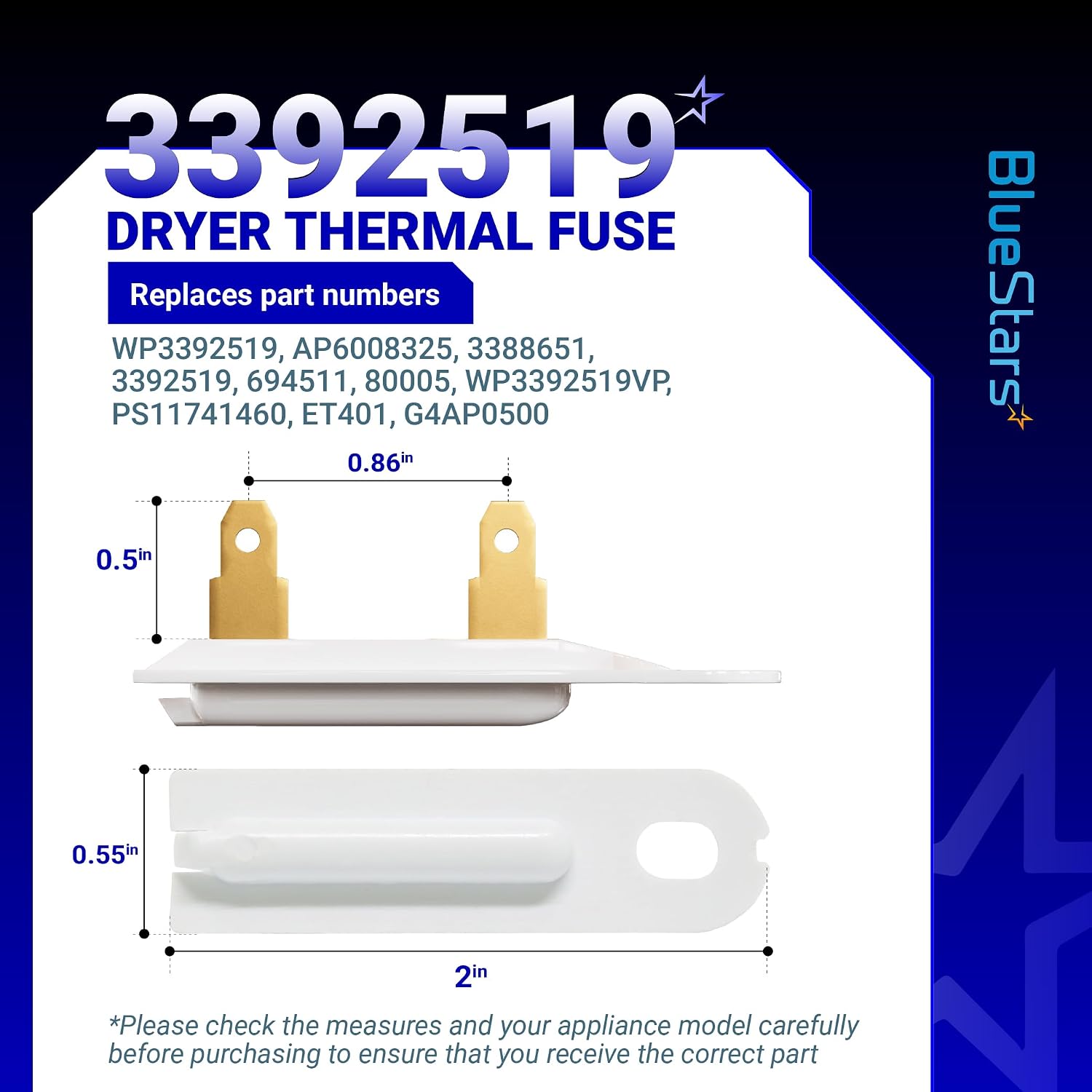 BlueStars 2-Pack 3392519 Dryer Thermal Fuse - Compatible with Whirlpool Kenmore - Replaces AP6008325 G4AP0500 3388651 694511 80005 WP3392519VP