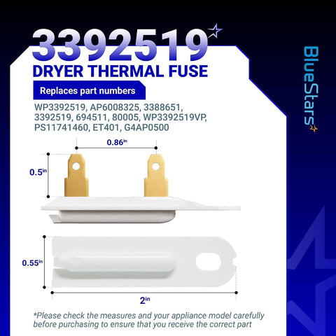 BlueStars 2-Pack 3392519 Dryer Thermal Fuse - Compatible with Whirlpool Kenmore - Replaces AP6008325 G4AP0500 3388651 694511 80005 WP3392519VP