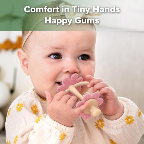 Haakaa Silicone Twin Flower Teether for 3M+ Babies, Easy to Grip, Rosehip