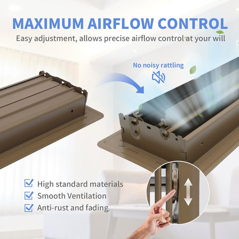 Howeall 4" x 8" Floor Register - Heavy Duty Steel Walkable Floor Vents - Easy Adjust Air Supply Lever - Vent Covers for Home (Brown)