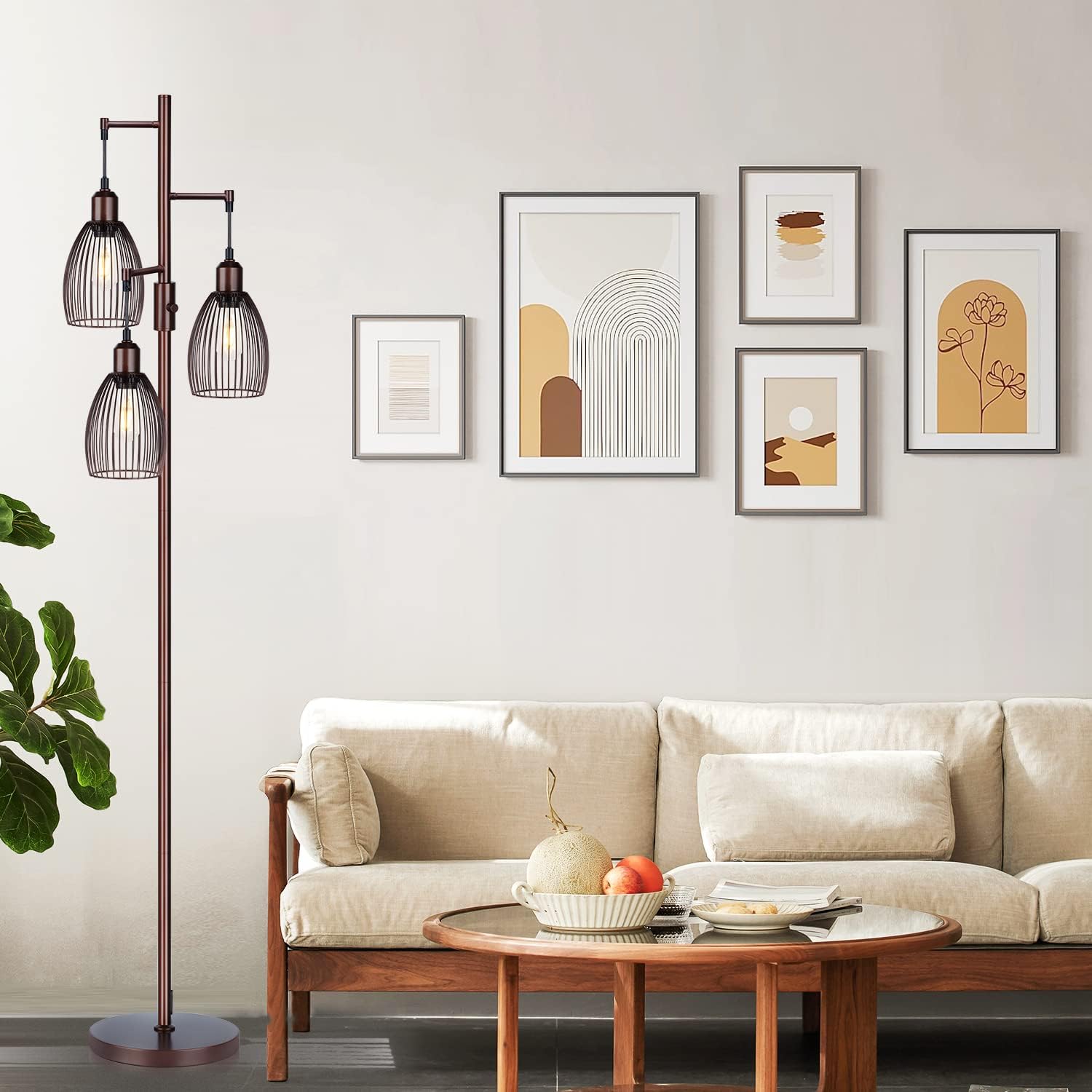 Torondo Dimmable Floor Lamp, Industrial Floor Lamps for Living Room, Brown Tree Lamp Standing Lamp Tall Lamps with 3 Elegant Teardrop Cage Head & 800 Lumens LED Bulbs for Living Room Bedroom Office