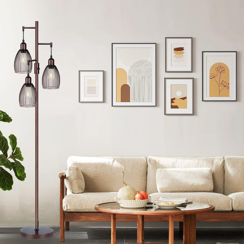 Torondo Dimmable Floor Lamp, Industrial Floor Lamps for Living Room, Brown Tree Lamp Standing Lamp Tall Lamps with 3 Elegant Teardrop Cage Head & 800 Lumens LED Bulbs for Living Room Bedroom Office