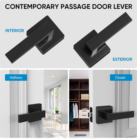 TICONN 1PK Matte Black Door Handles Interior, Reversible Square Door Levers Knob for Hallway, Bedroom, Bathroom (No Lock, 1PK Passage)