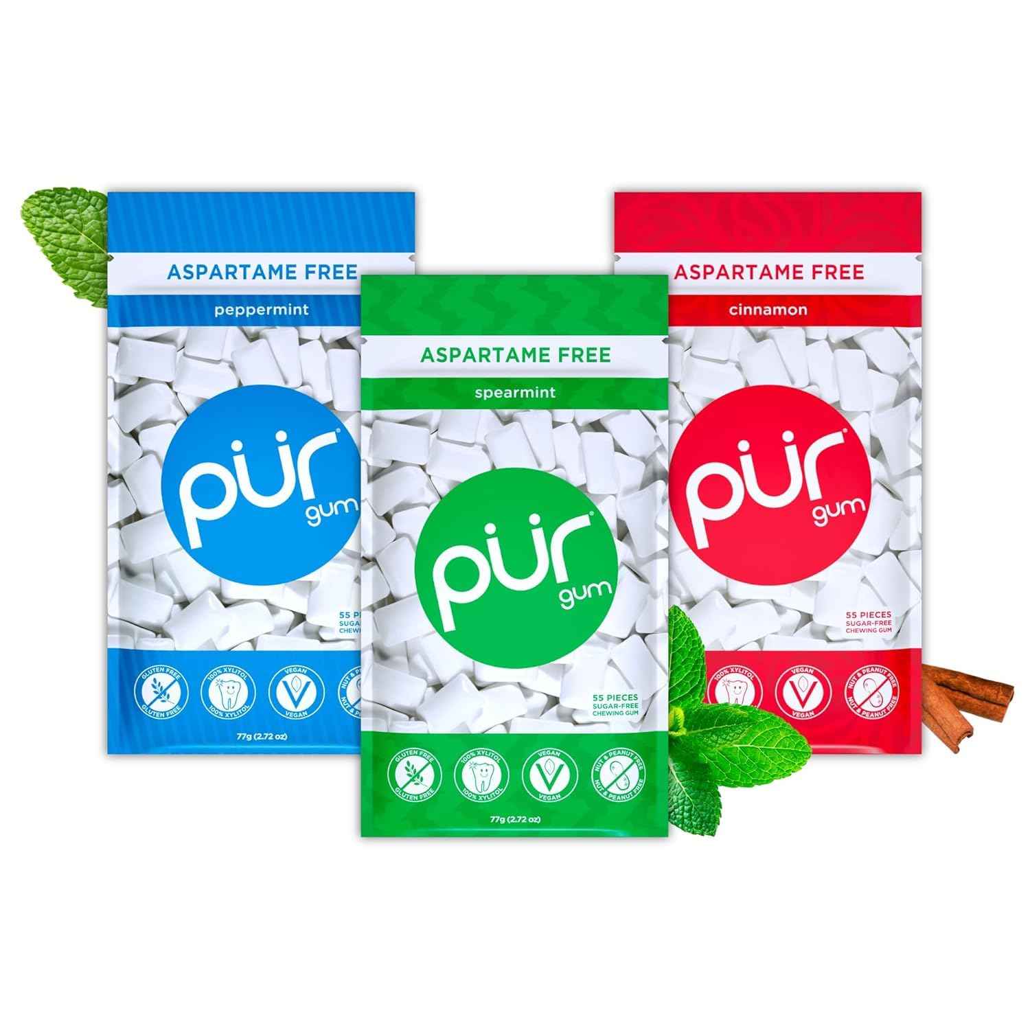 PUR Gum, Variety Pack, Xylitol Gum, No Artificial Flavor, 165 Count (3x55)