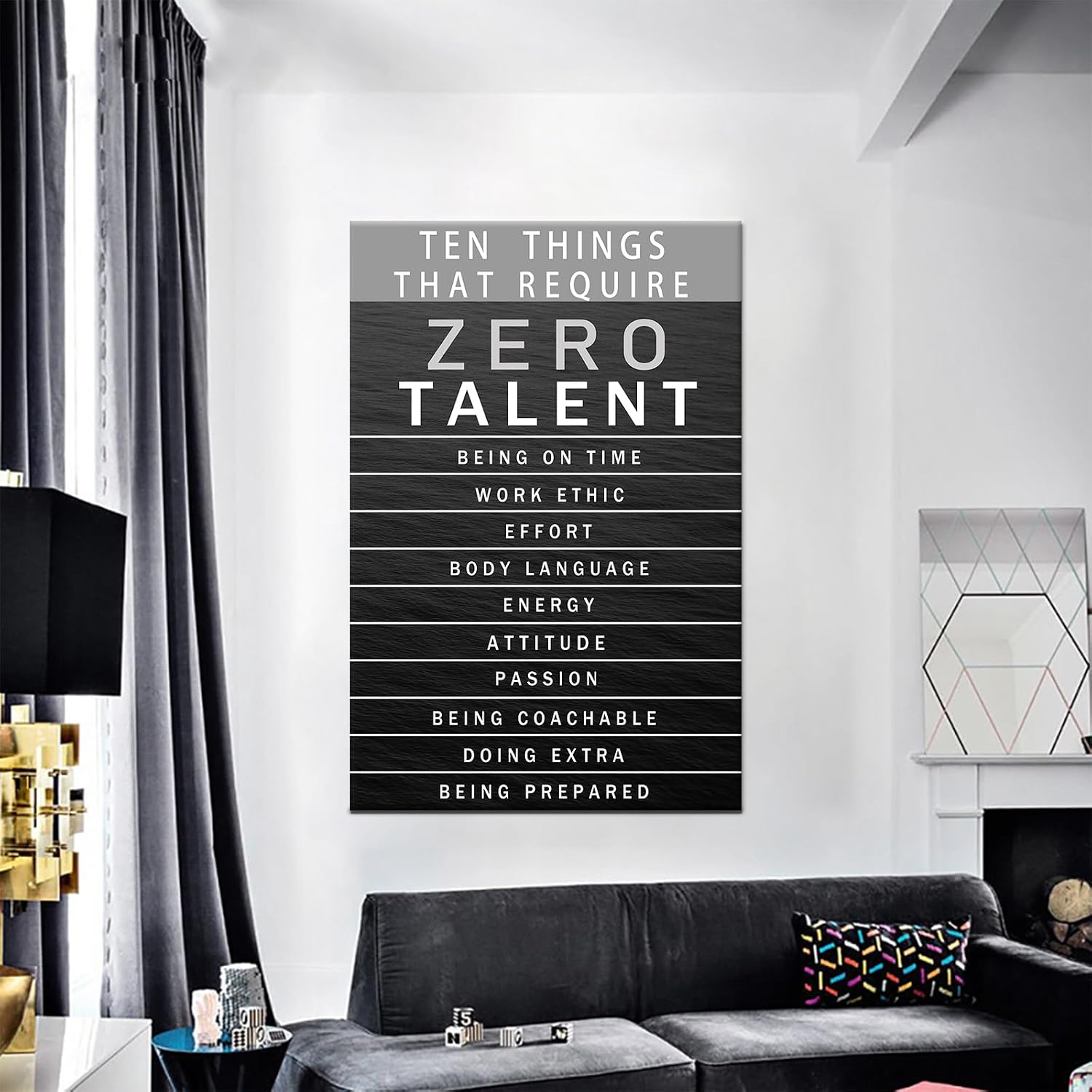 QYHART Zero Talent Canvas Wall Art, Grayscale Typography Office Artwork