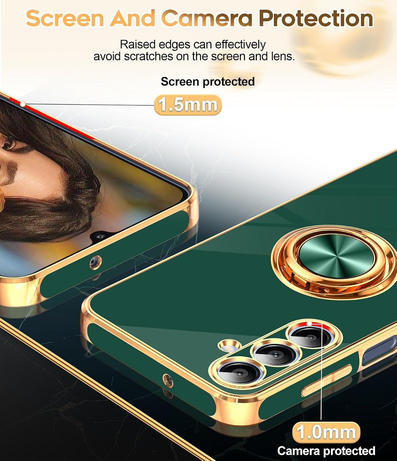 LeYi for Samsung Galaxy A16-5G Case: 2 Pack Tempered Glass Screen Protector and 360° Rotatable Ring Holder Magnetic Kickstand, Plating Rose Gold Edge para A 16 Case, Dark Green