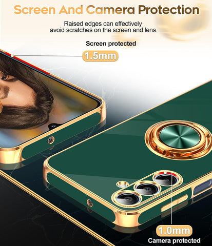 LeYi for Samsung Galaxy A16-5G Case: 2 Pack Tempered Glass Screen Protector and 360° Rotatable Ring Holder Magnetic Kickstand, Plating Rose Gold Edge para A 16 Case, Dark Green