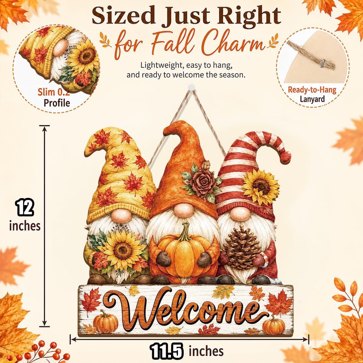 Fall Gnome Decor, Interchangeable Gnome Welcome Sign for Front Door