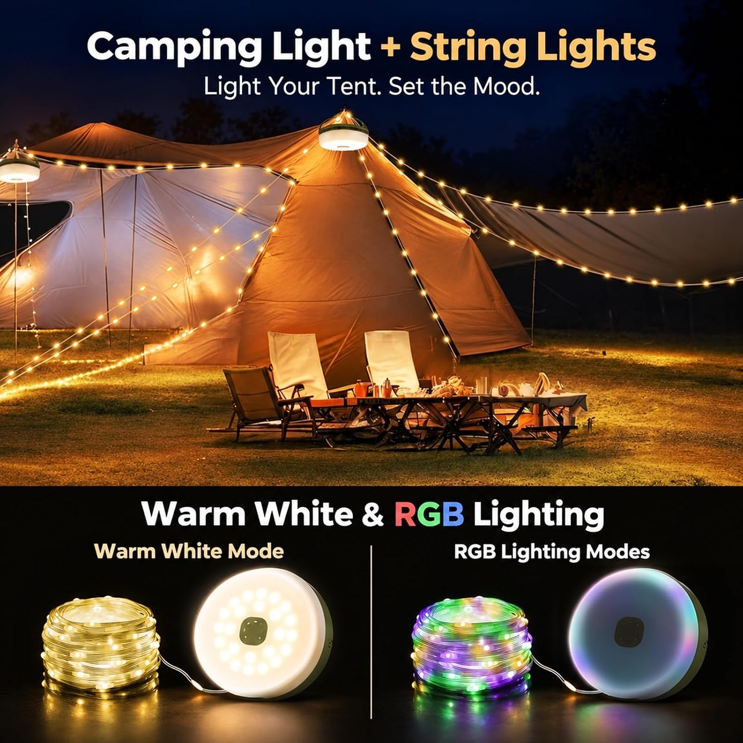 Camping String Lights, 32.8FT Rechargeable with Storage Reel, 8 Modes