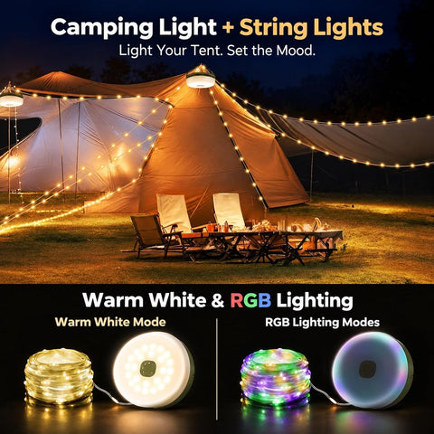 Camping String Lights, 32.8FT Rechargeable with Storage Reel, 8 Modes