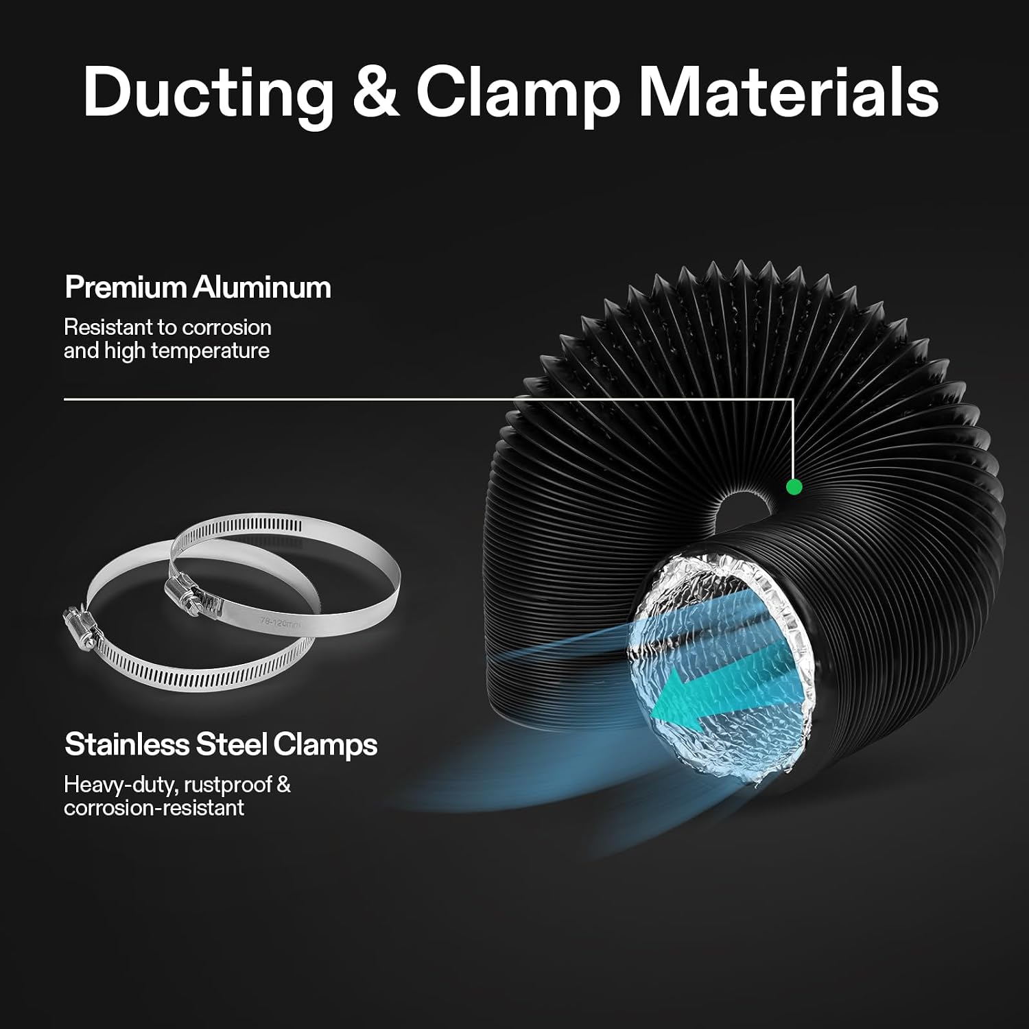 VIVOSUN 4 Inch 25 Feet Flexible Aluminum Ducting with 2 Clamps, Black