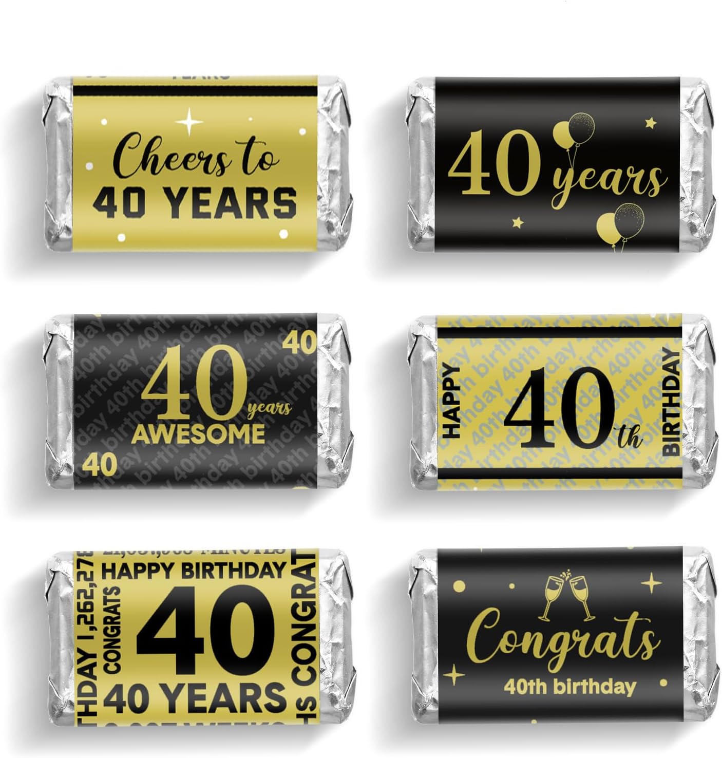 Tenare 90 Pcs 40th Birthday Candy Wrappers, Black and Gold Stickers