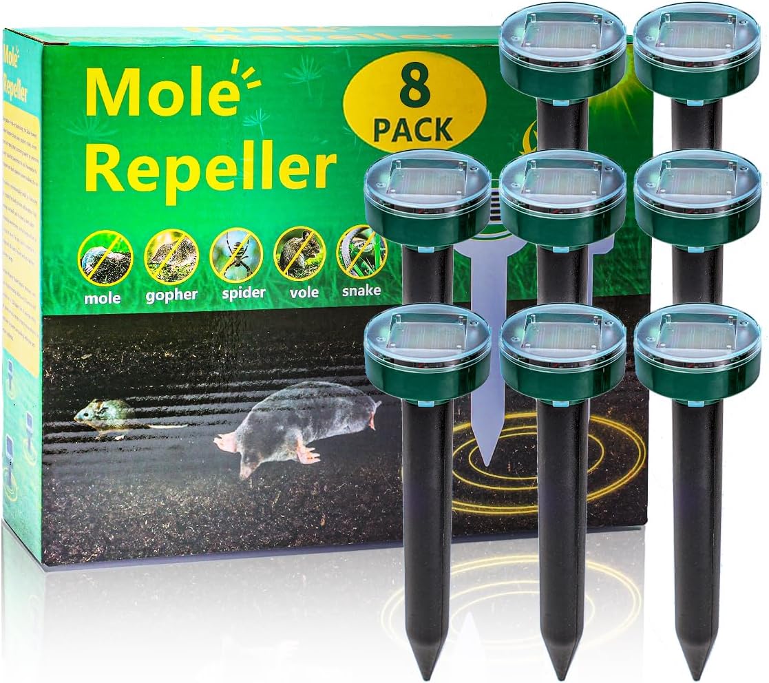 8-Solar Ultrasonic Mole Repellent, Waterproof Stakes Lawn Gophers Snakes