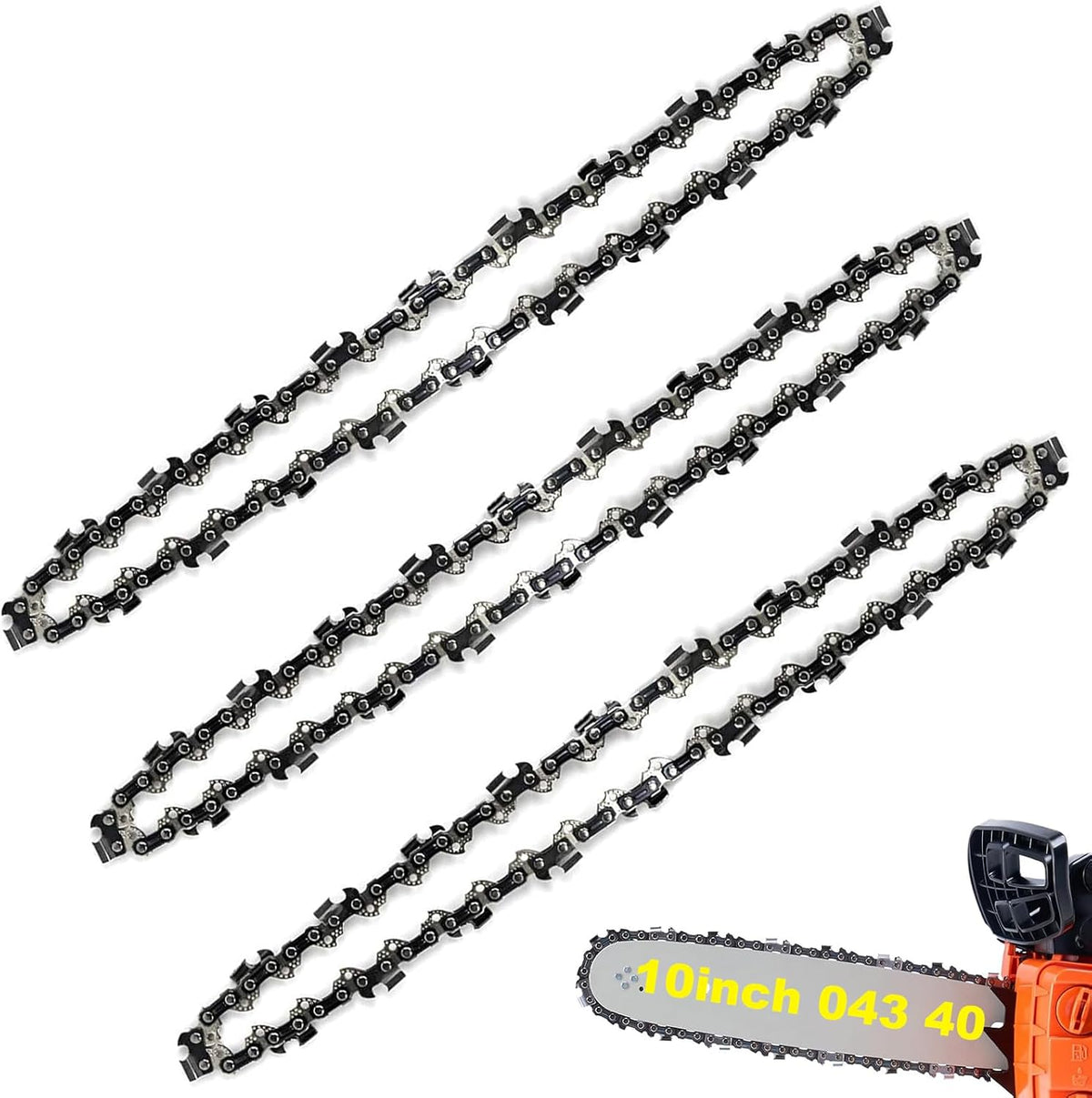 3 Pack 10 Inch Chainsaw Chain .043" Gauge 40 Drive Links 3/8" Pitch Replacement Chains Compatible with Ryobi Echo CS-271 PPF-225 Homelite WORX WG322