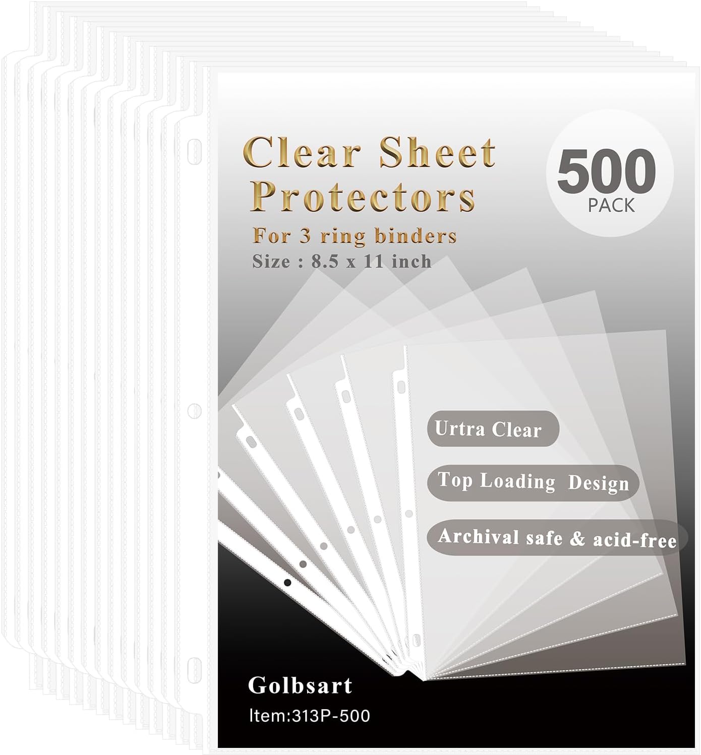 Golbsart Clear Sheet Protectors for 3 Ring Binder, 500 Pack Plastic Sleeves for Paper 8.5x11, Acid Free Page Protectors Sleeves, Top Loading Document Protector Sheets for School Office Home.