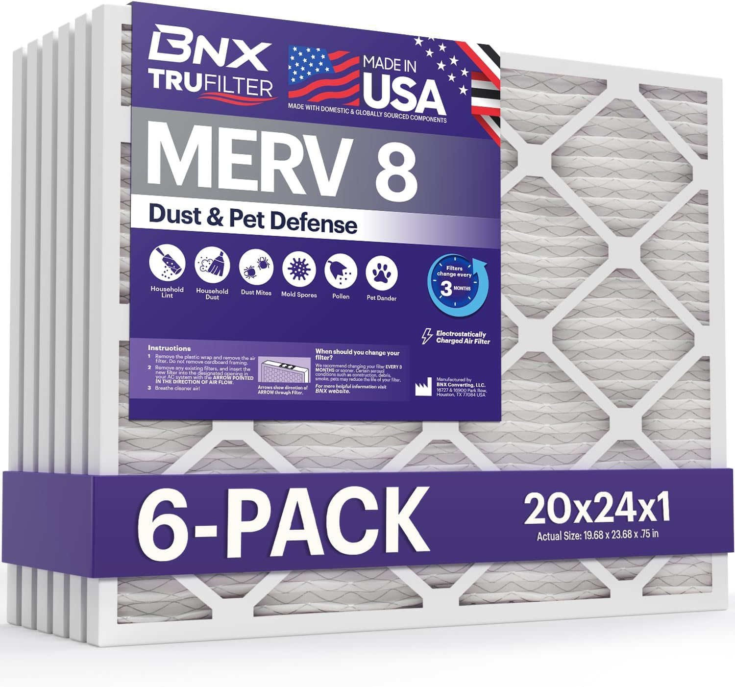 BNX TruFilter 10x24x1 Air Filter MERV 8 (4-Pack) - MADE IN USA – Dust & Pet Defense Electrostatic Pleated Air Conditioner HVAC AC Furnace Filters for Dust, Pet, Mold, Pollen MPR 600 – 700 & FPR 5