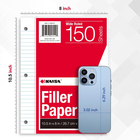 Kaisa Notebook Paper USA-Made Loose Leaf Paper, 24 Pack 3600 Sheets 8"x10.5" Wide Ruled - 3-Hole Punched Bulk Filler Paper for 3-Ring Binder, 150 Sheets/Pack, Wholesale Available(24Pack-Wide)