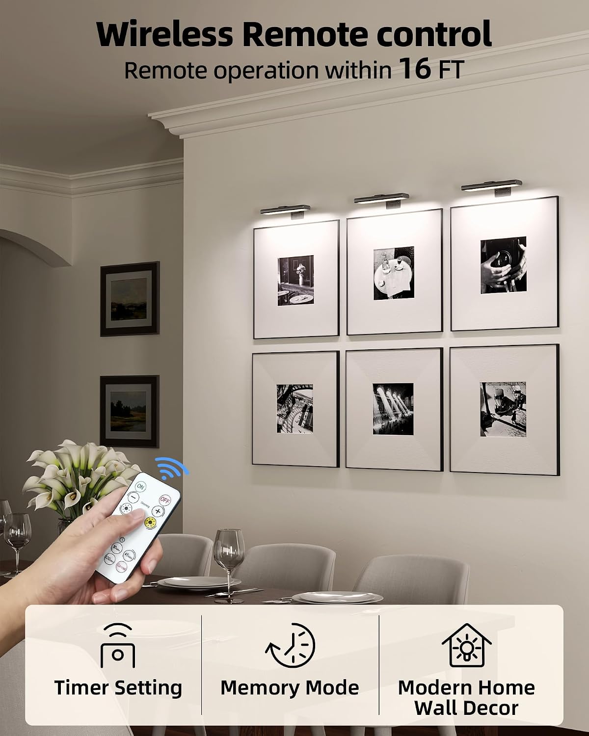 EZVALO Picture Light for Wall, Rechargeable 2400mAh Lights Wireless with IR Remote, 3 Color & Dimmable Magnetic 7.8'' LED Lights Display for Painting, Living Room, Gallery, Bedroom(Black-3P)