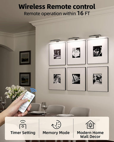 EZVALO Picture Light for Wall, Rechargeable 2400mAh Lights Wireless with IR Remote, 3 Color & Dimmable Magnetic 7.8'' LED Lights Display for Painting, Living Room, Gallery, Bedroom(Black-3P)