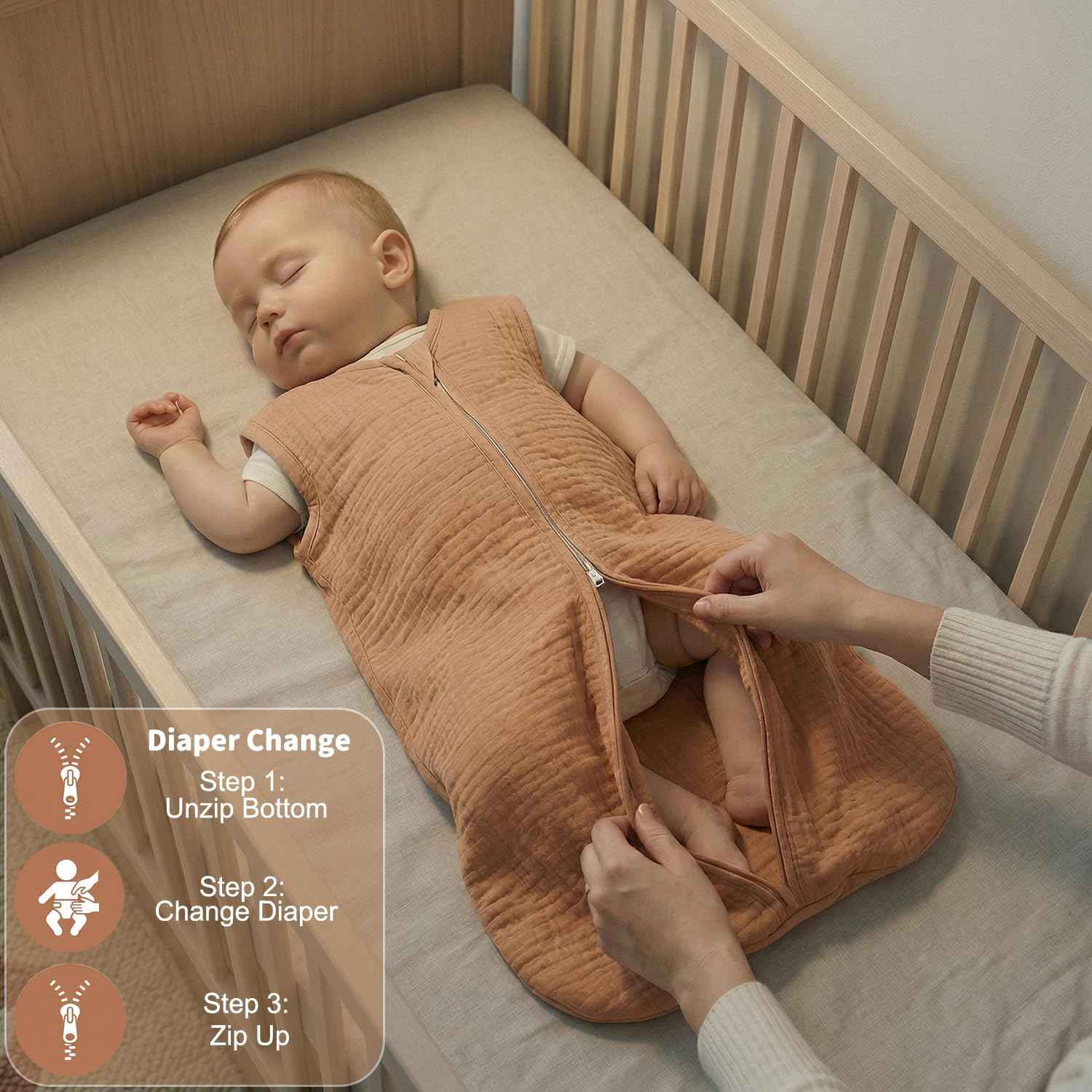 BSTOPPT 2 Pack Baby Sleep Sack 12-18 Months 100% Organic Cotton Muslin Baby Sleeping Bag 2-Way Zipper Wearable Blankets TOG 0.3 (Beige & Khaki, Large)