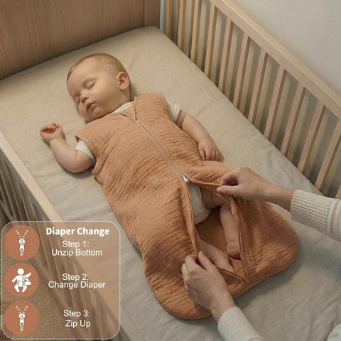 BSTOPPT 2 Pack Baby Sleep Sack 12-18 Months 100% Organic Cotton Muslin Baby Sleeping Bag 2-Way Zipper Wearable Blankets TOG 0.3 (Beige & Khaki, Large)