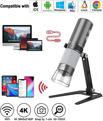 Jiusion WiFi USB Digital Handheld Microscope, 50 to 1000x Wireless Magnification Endoscope 4K 3840x2160P Camera 8 LEDs with Metal Stand for iPhone iPad Android Mac Windows Linux Chrome