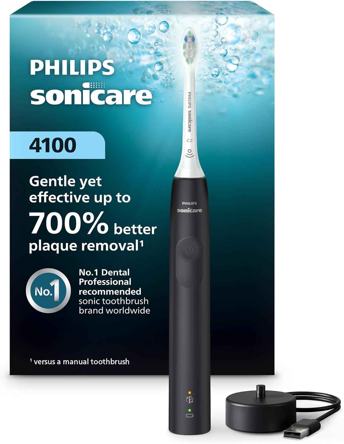 Philips Sonicare 4100 Rechargeable Electric Toothbrush, 1 Brush Head, Black | 700% More Plaque Removal¹, Pressure Sensor, 2 Brush Settings, 2-Minute Guided Timer, 14-Day Battery, HX3681/24