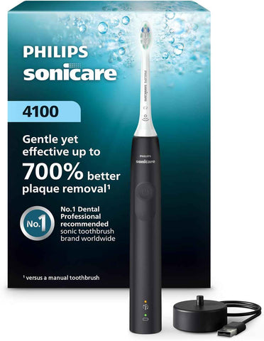 Philips Sonicare 4100 Rechargeable Electric Toothbrush, 1 Brush Head, Black | 700% More Plaque Removal¹, Pressure Sensor, 2 Brush Settings, 2-Minute Guided Timer, 14-Day Battery, HX3681/24