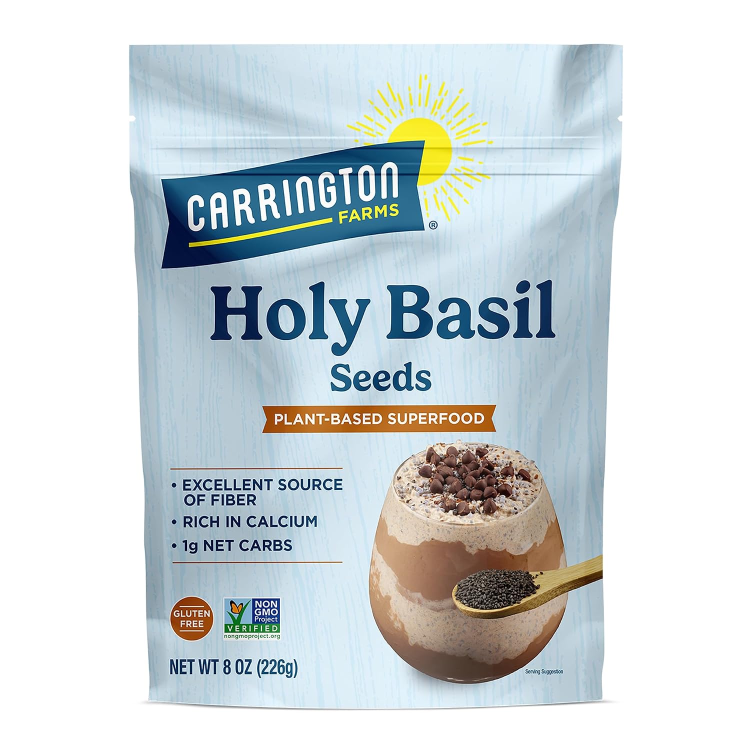 Carrington Farms Holy Basil Seeds (Tulsi/Sabja Seeds) 8 oz - High-Fiber Edible Seeds for Smoothies, Puddings, Falooda Drinks & Overnight Oats | Vegan, Keto & Paleo | Gluten-Free, Non-GMO