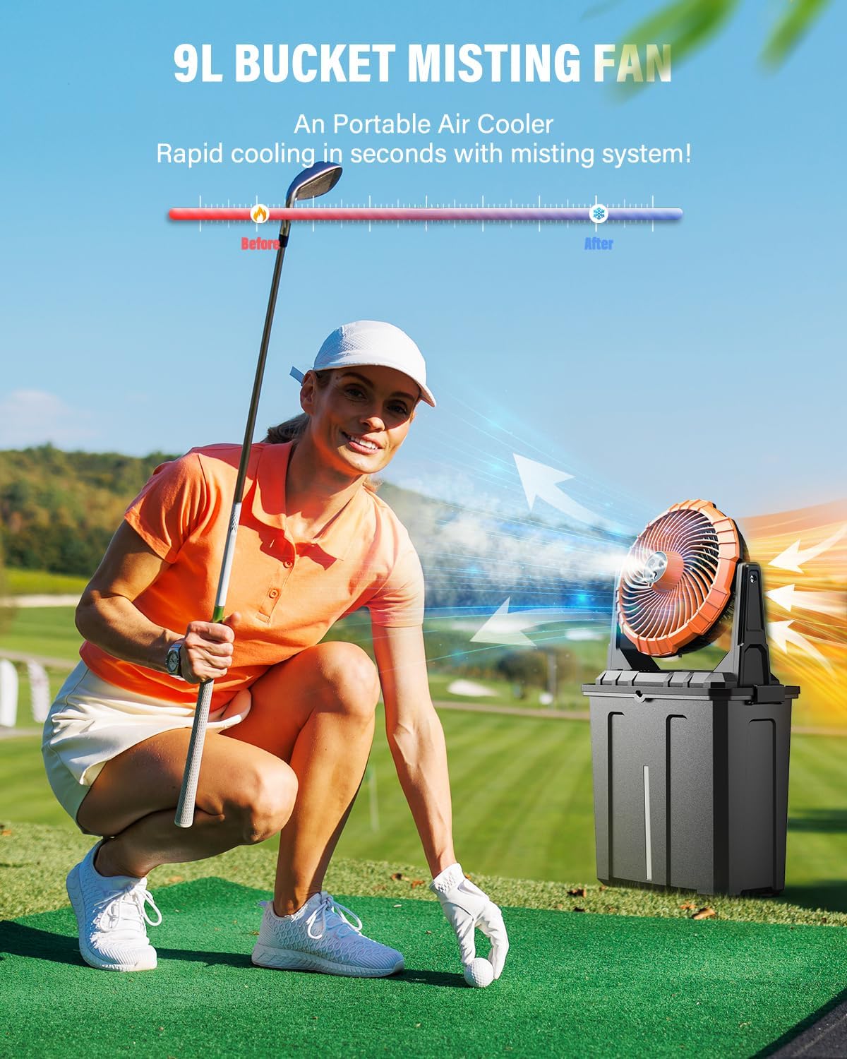 Ausic 9L Bucket Portable Misting Fan for Outdoors Patios, 30000mAh Rechargeable Battery Operated Camping Fan, 3 Strong Winds, 3 Large Spray Outlets, for Fishing/Travel/Garden Party/Golf/Tent/Office