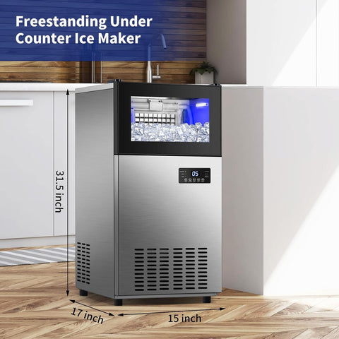 Commercial Ice Maker 160Lbs/24H, 35Lbs Ice Capacity, 15" Wide Under Counter, Freestanding or Built-in, Stainless Steel, Self Clean