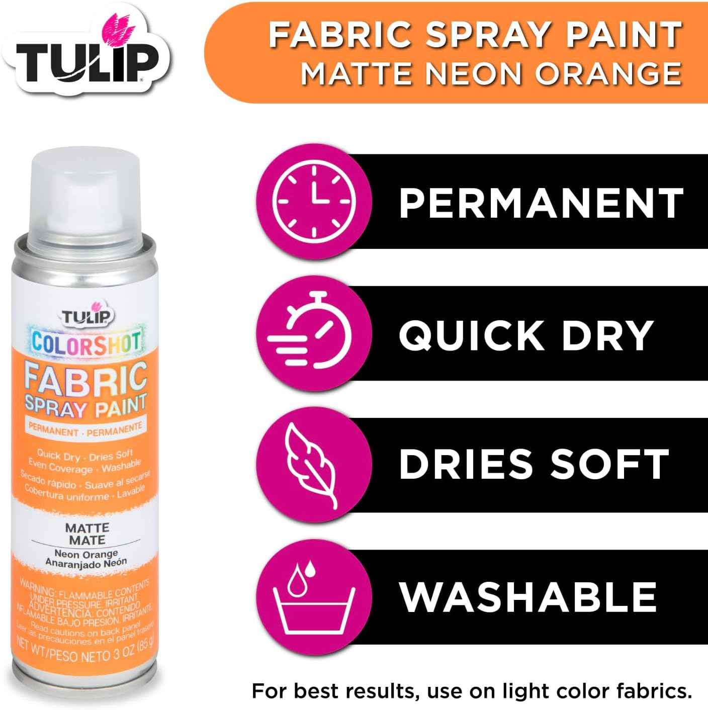 Tulip ColorShot Instant Fabric Spray Paint, Permanent Color Spray-On Fabric Paint, 3oz, Neon Orange