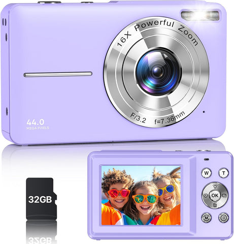 Digital Camera, Latest FHD 1080P Digital Camera for Teens with SD Card Anti Shake Point and Shoot Cameras Portable 16X Zoom Compact Small Cameras for Kids Boys Girls Seniors with Wrist Strap