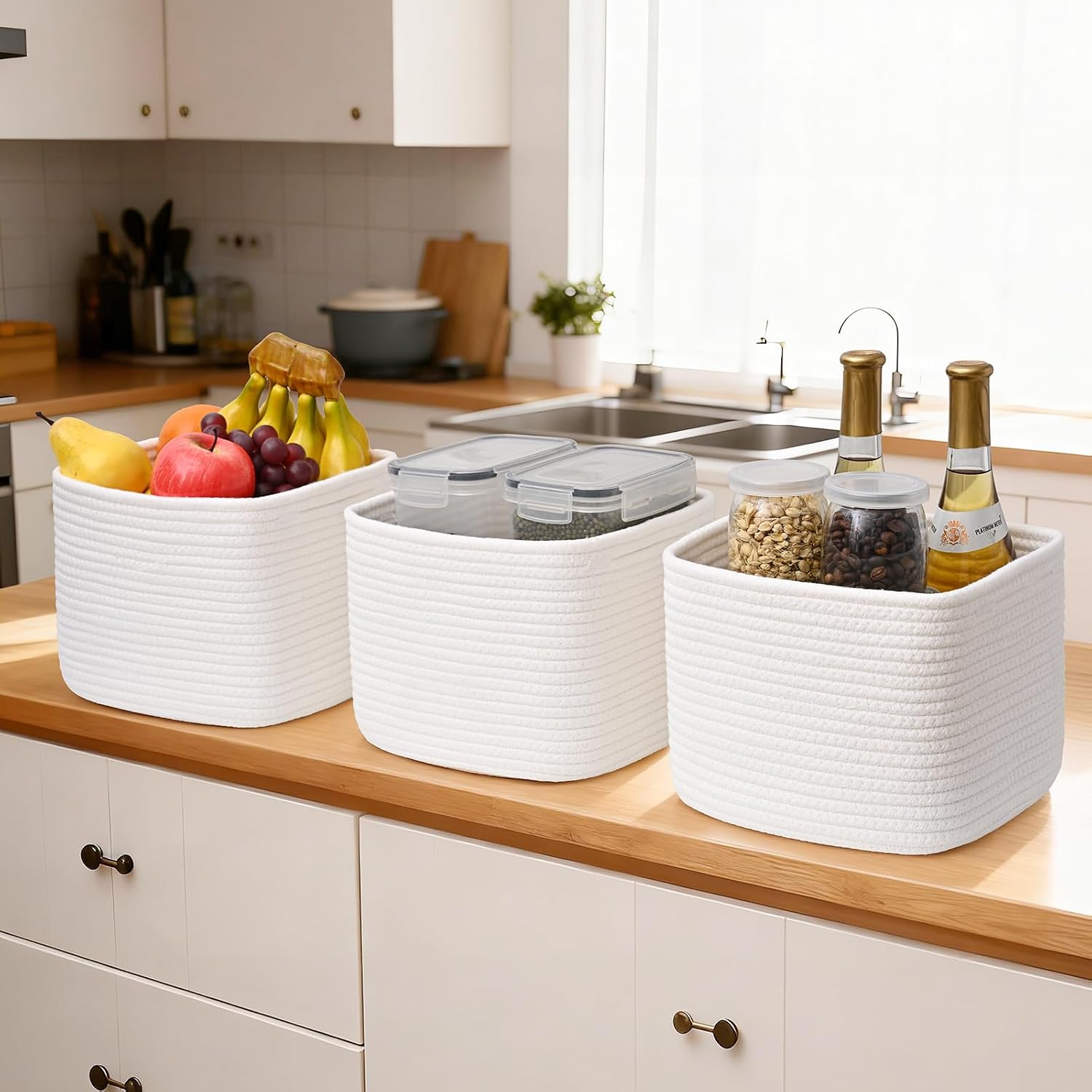 3 Pack Cube Storage Bin, 9”x9”x7” Cotton Rope Woven Baskets for Organizing Toys Clothes Towels, Square Gift Storage Baskets for Shelves, Nursery, Closet, Bathroom, Pantry (White)