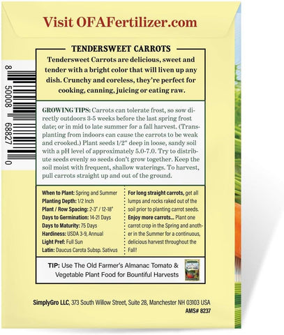 The Old Farmer's Almanac Heirloom Carrot Seeds (Tendersweet) - Approx 2600 Seeds - Non-GMO, Open Pollinated