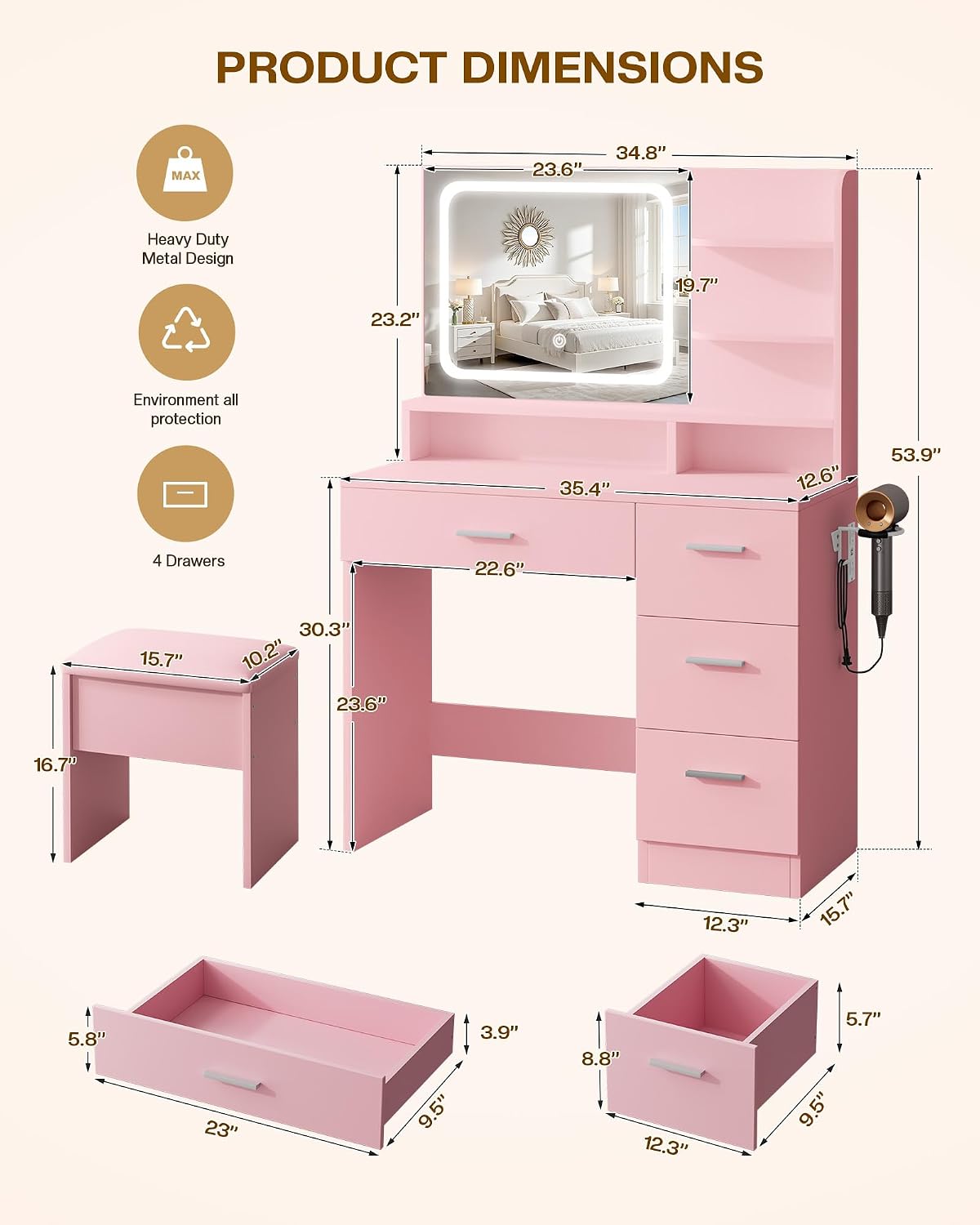 LIVELYGLOW Makeup Vanity Desk Set, 35.4" Wx15.7”Dx53.9“H, Pink (Smart LED Mirror, with Cushion Stool, Hairdryer Rack, Power-Outlet, 4 Drawers, Open Shelves)