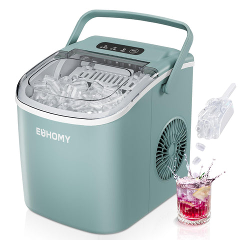 EUHOMY Countertop Ice Maker Machine with Handle, 26lbs Per Day, 9 Ice Cubes Ready in 6 Mins, Auto-Cleaning Portable Ice Maker with Basket and Scoop, for Home/Kitchen/Camping/RV (Green)